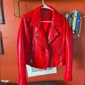 bright red faux leather jacket